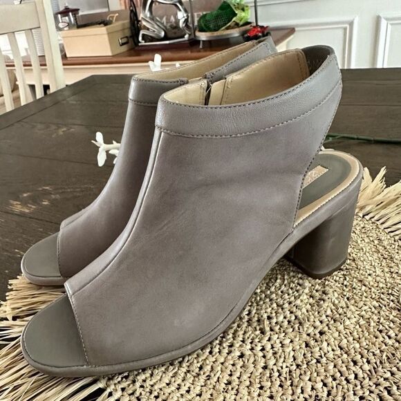 ECCO Gray Leather Peep Toe Block Heel Slingback Ankle Booties sz /41 USA 10-10.5 - Picture 3 of 8